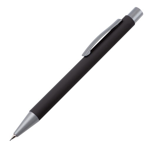 Zwarte schrijfset met balpen en vulpotlood.