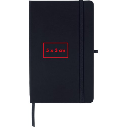 Zwart notitieboek met elastiek en leeslint.