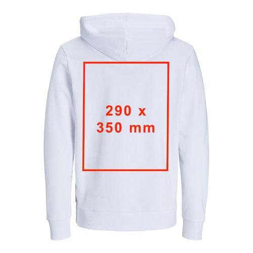 Witte stoffen hoodie met capuchon en trekkoord, unisex model.