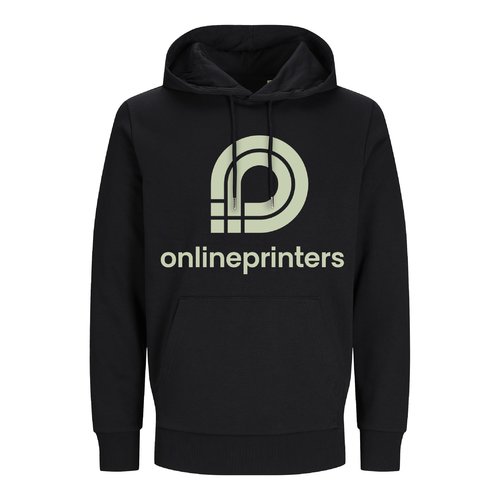 Zwarte hoodie van katoenmix, unisex pasvorm, met capuchon en kangoeroezak.