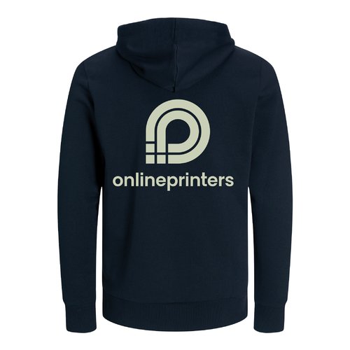 Marineblauwe katoenen hoodie, unisex model, met capuchon en trekkoord.