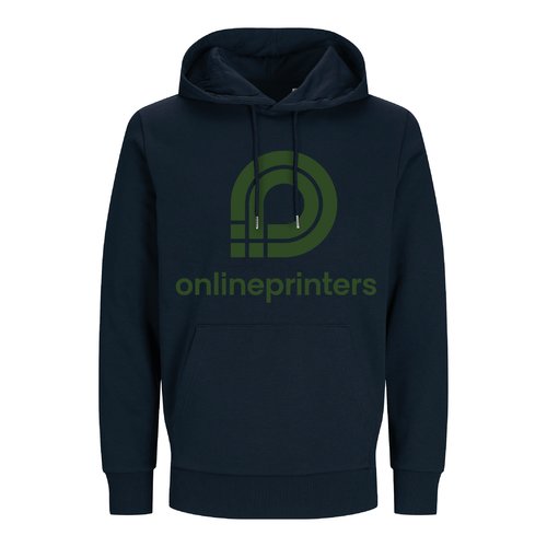 Marineblauwe unisex hoodie van katoenmix met trekkoord en kangoeroezak.