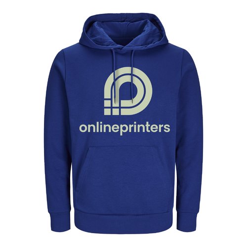 Donkerblauwe katoenen hoodie, unisex pasvorm, met capuchon en trekkoord.