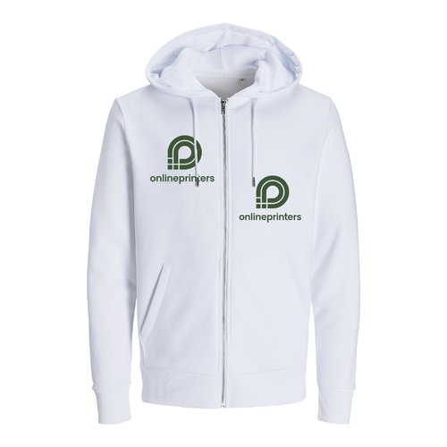 Wit katoenen en gerecycled polyester sweatshirt jas met capuchon en rits.