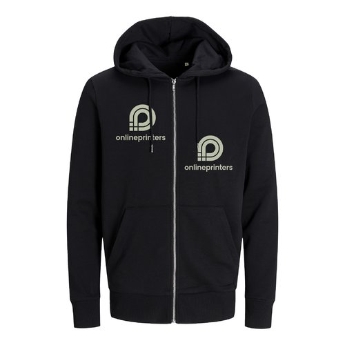 Zwart katoenmix sweatshirt met capuchon en volledige ritssluiting.