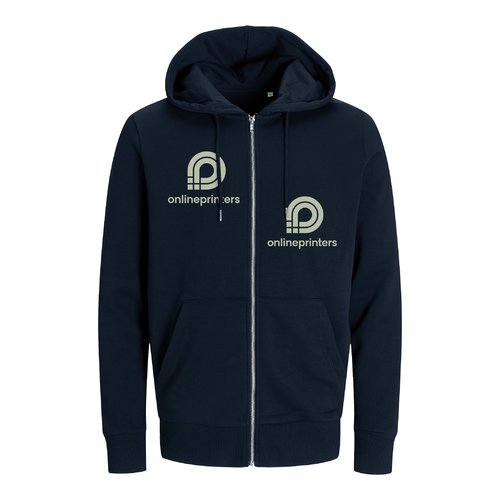 Marineblauw katoenmix sweatshirt met capuchon en volledige ritssluiting.
