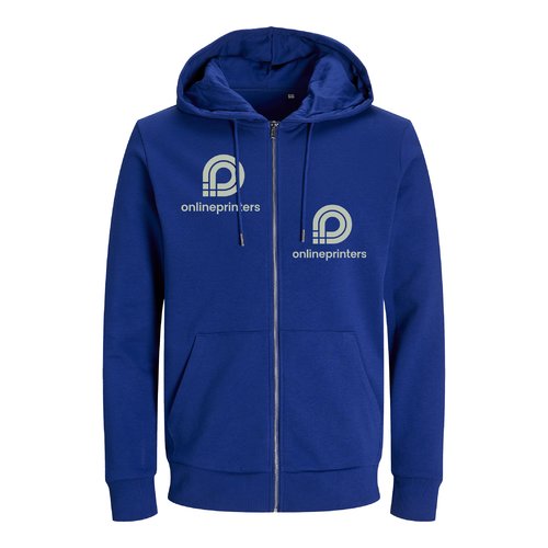 Donkerblauw katoenmix sweatjack, unisex fit met capuchon en volledige ritssluiting.