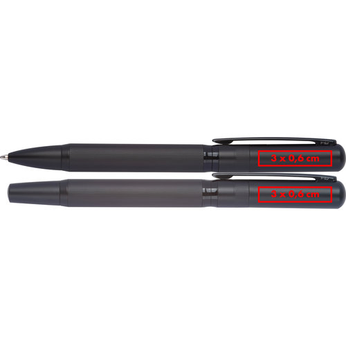 Donkere schrijfset met balpen en etui.