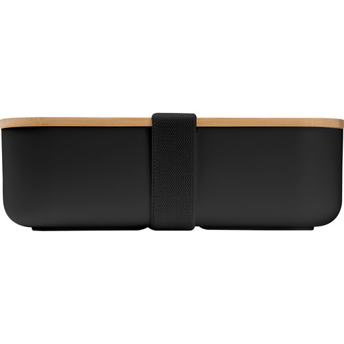 Zwarte lunchbox met bamboe deksel en elastische band.