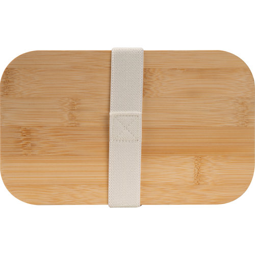 Witte lunchbox met bamboe deksel en elastische sluitband.