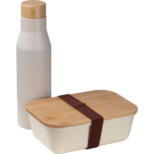 Beige lunchbox met roestvrijstalen fles en bamboe deksel.