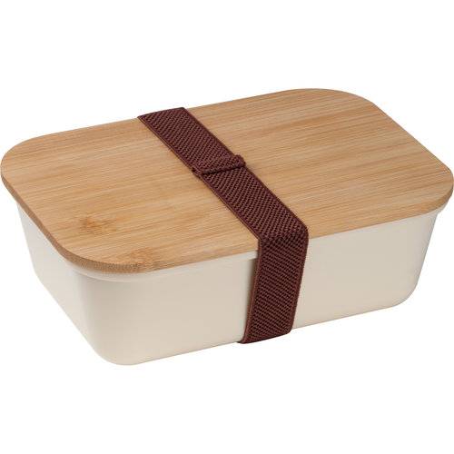 Beige bamboe lunchbox met roestvrijstalen fles en elastiek.