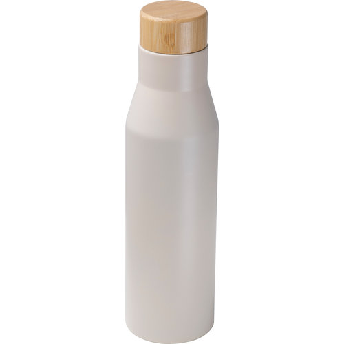 Beige roestvrijstalen lunchbox met roestvrijstalen fles en houten deksel.