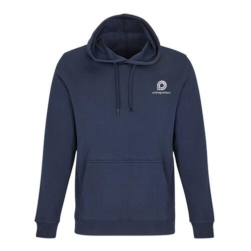 Marineblauwe katoen-polyester hoodie met capuchon en kangoeroezak.