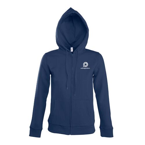 Marineblauwe dames sweatjack van katoenmix met capuchon en volledige ritssluiting.