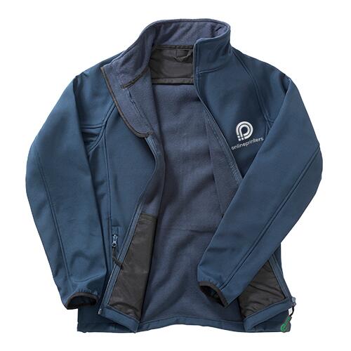 Marineblauwe polyester softshell jas voor dames met volledige ritssluiting.