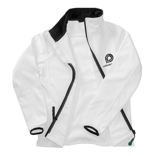 Witte polyester softshell jas voor dames met volledige ritssluiting en zakken aan de zijkant.