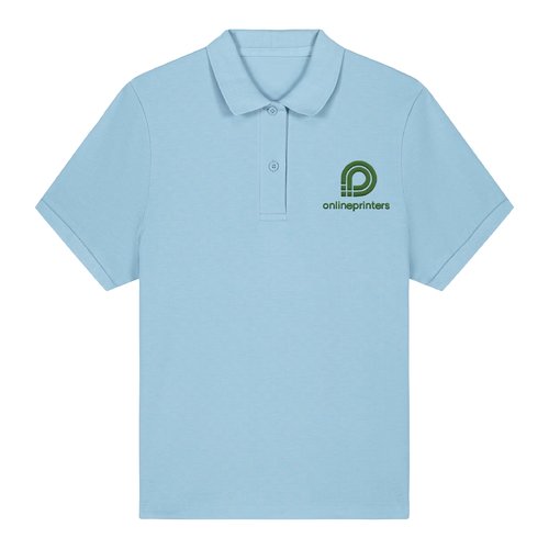 Hemelsblauw damespoloshirt van biologisch katoen met korte knoopsluiting.