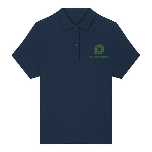 Marineblauwe damespoloshirt van biologisch katoen met korte mouwen.