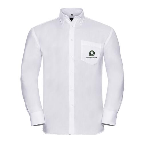 Wit stoffen overhemd voor heren met lange mouwen en knoopsluiting.