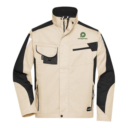 Beige/zwarte werkjas van polyester en katoen met opstaande kraag en meerdere zakken.