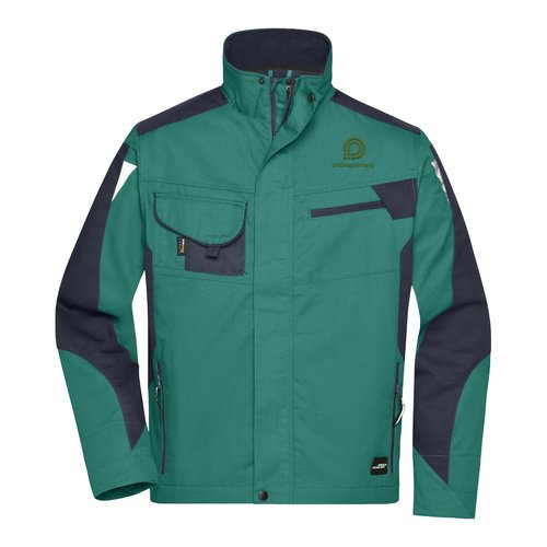 Donkergroen en zwart werkjack van polyester-katoenmix met meerdere zakken.