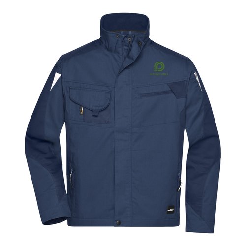 Marineblauwe werkjas van polyester-katoenmix met meerdere zakken.
