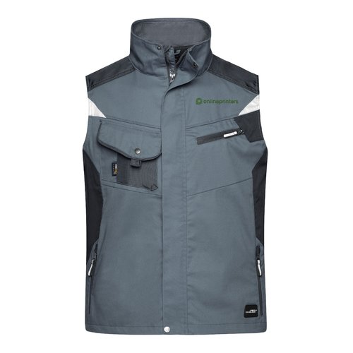 Donkergrijs polyester-katoen mix werkvest met meerdere zakken en ritssluiting.