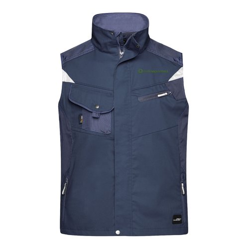 Marineblauwe werkvest van een polyester-katoenmix met volledige ritssluiting en meerdere zakken.