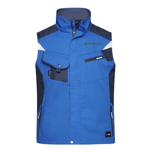 Blauw polyester-katoen mix werkvest met meerdere zakken.