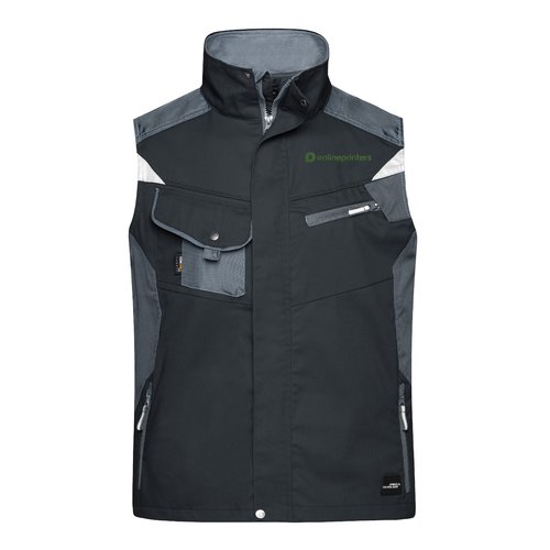 Zwart-grijs polyester-katoenen werkvest met meerdere zakken.