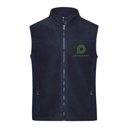 Marineblauw polyester fleece vest met volledige rits en zakken aan de zijkant.