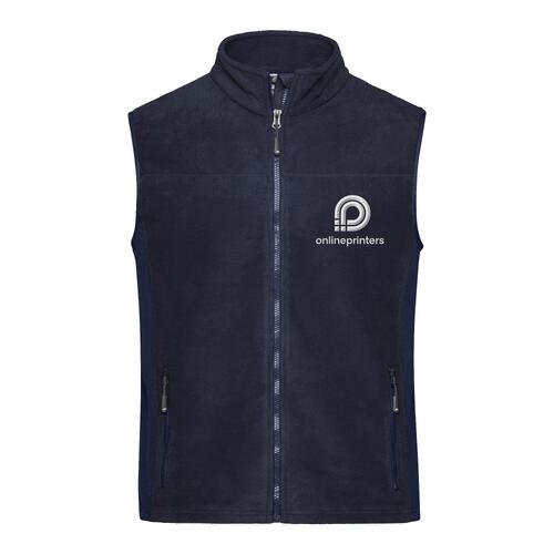 Marineblauw polyester fleece vest met volledige rits en zakken aan de zijkant.