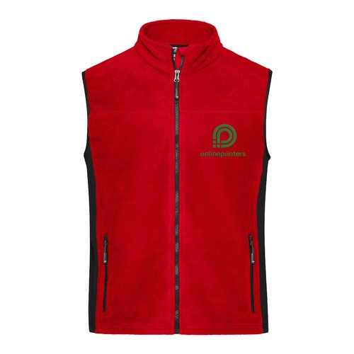 Rood polyester fleece vest met volledige ritssluiting en zakken.