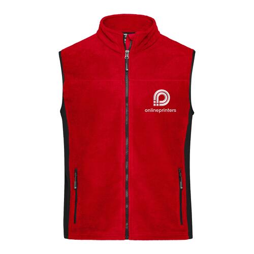 Rood polyester fleece vest met volledige ritssluiting en zakken.