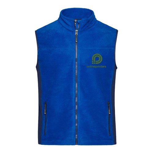 Blauw polyester fleece vest met volledige ritssluiting en zakken aan de zijkant.