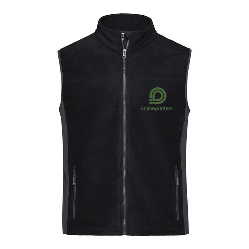 Zwart-grijs polyester fleece vest met volledige ritssluiting.