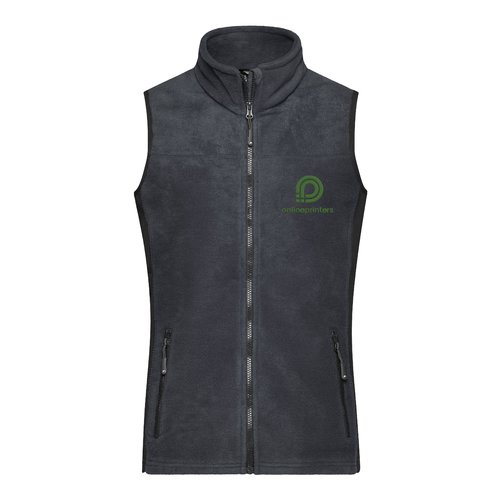 Donkergrijs polyester fleece vest met volledige ritssluiting en zijzakken.