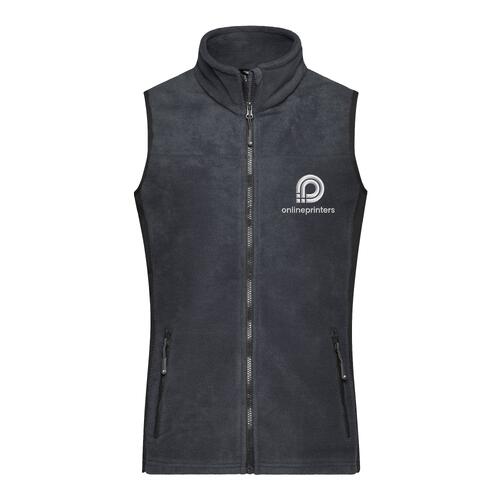 Donkergrijs polyester fleece vest met volledige ritssluiting en zijzakken.