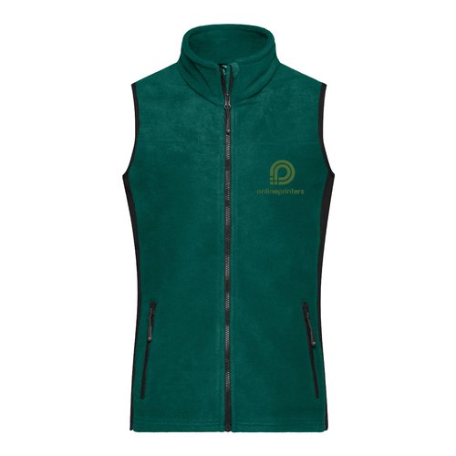 Donkergroen polyester fleece vest met volledige ritssluiting en zakken.
