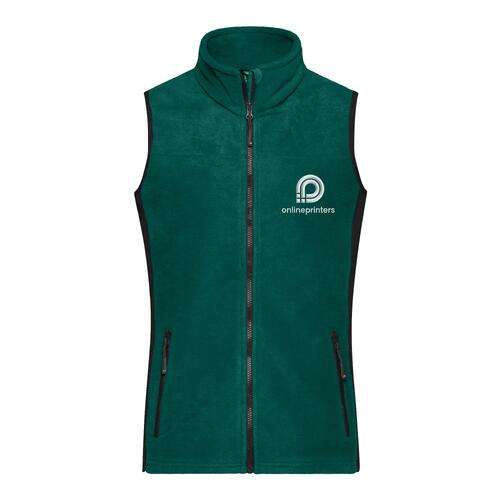 Donkergroen polyester fleece vest met volledige ritssluiting en zakken.
