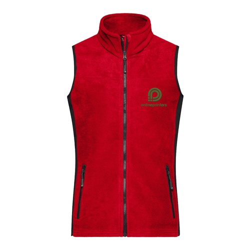 Rood polyester fleece vest voor dames met een volledige ritssluiting.