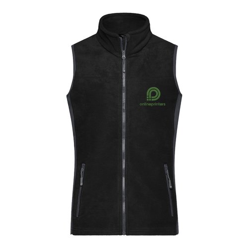 Zwart-grijs polyester fleece vest met doorlopende ritssluiting.