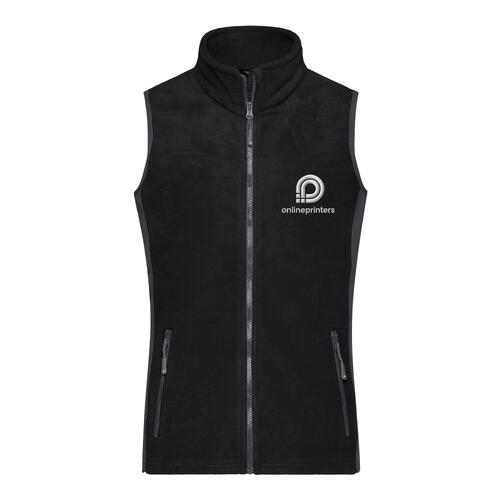 Zwart-grijs polyester fleece vest met doorlopende ritssluiting.