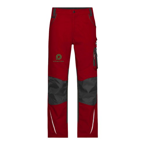 Rode en zwarte werkbroek van een polyester-katoenmix, met meerdere zakken.
