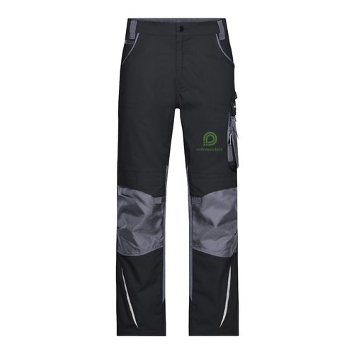 Werkbroek met patroon, zakken en verstevigde kniestukken.