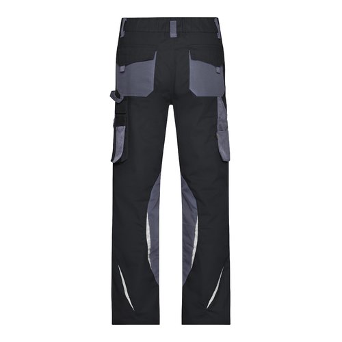 Zwarte en grijze werkbroek van polyester en katoen met meerdere zakken.