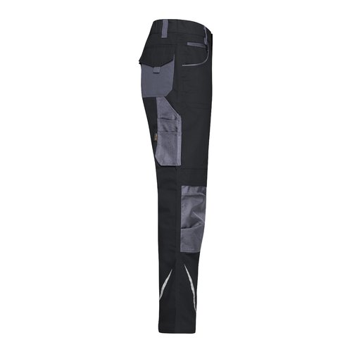 Zwart-grijze werkbroek van polyester-katoenmix met meerdere zakken.