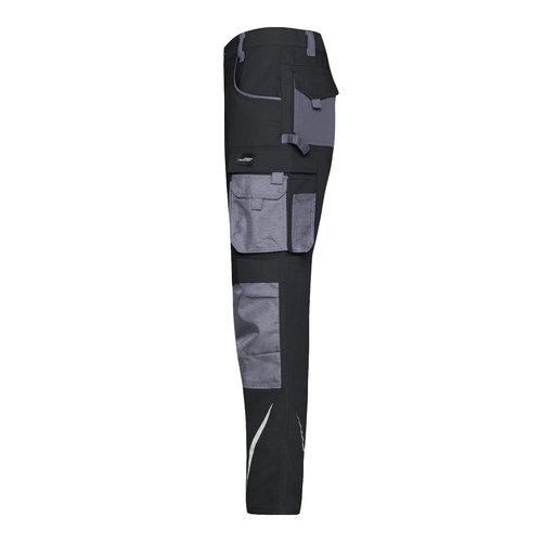 Zwarte en grijze werkbroek van polyester-katoenmix met meerdere zakken.