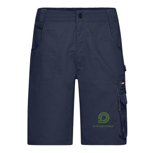 Marineblauwe werkshort van polyester-katoenmix met meerdere zakken.